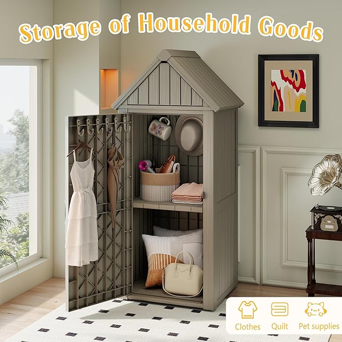 Storage Shed Outdoor,Waterproof Resin Garden Tool Shed, Heavy-Duty Weather-Resistant Cabinet for Patio, Backyard, or Garage (Grey)