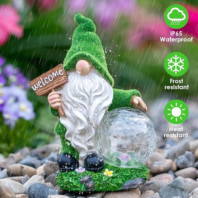 Gnome Garden Statue Figurine Decor with Solar Lights, Outdoor Garden Succulent Ornaments Waterproof Decoration for Outside Patio Yard Lawn Decor