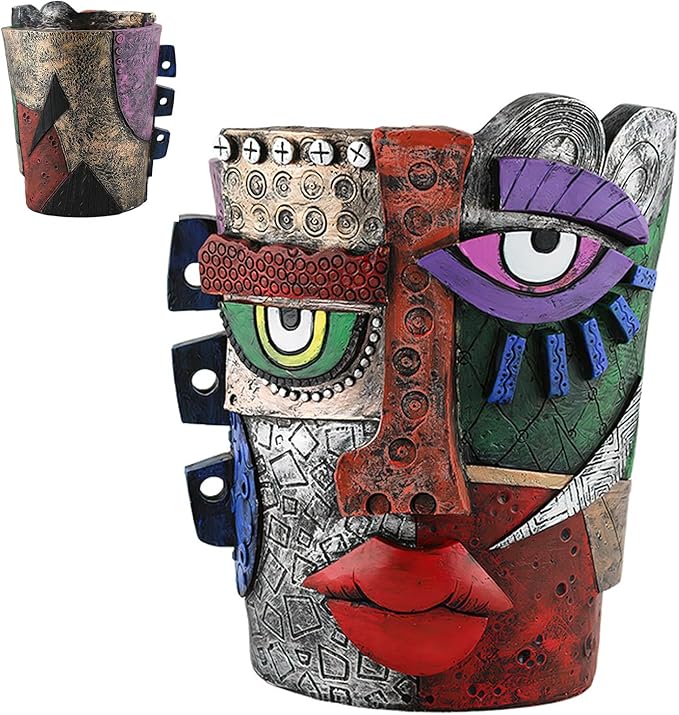 Picasso Brutalist Abstract Beauty Face Flower Pot Acolorful Art Resin Handmade Face Planters Pots Head for Home Art Decor Balcony Ornaments (Serious)