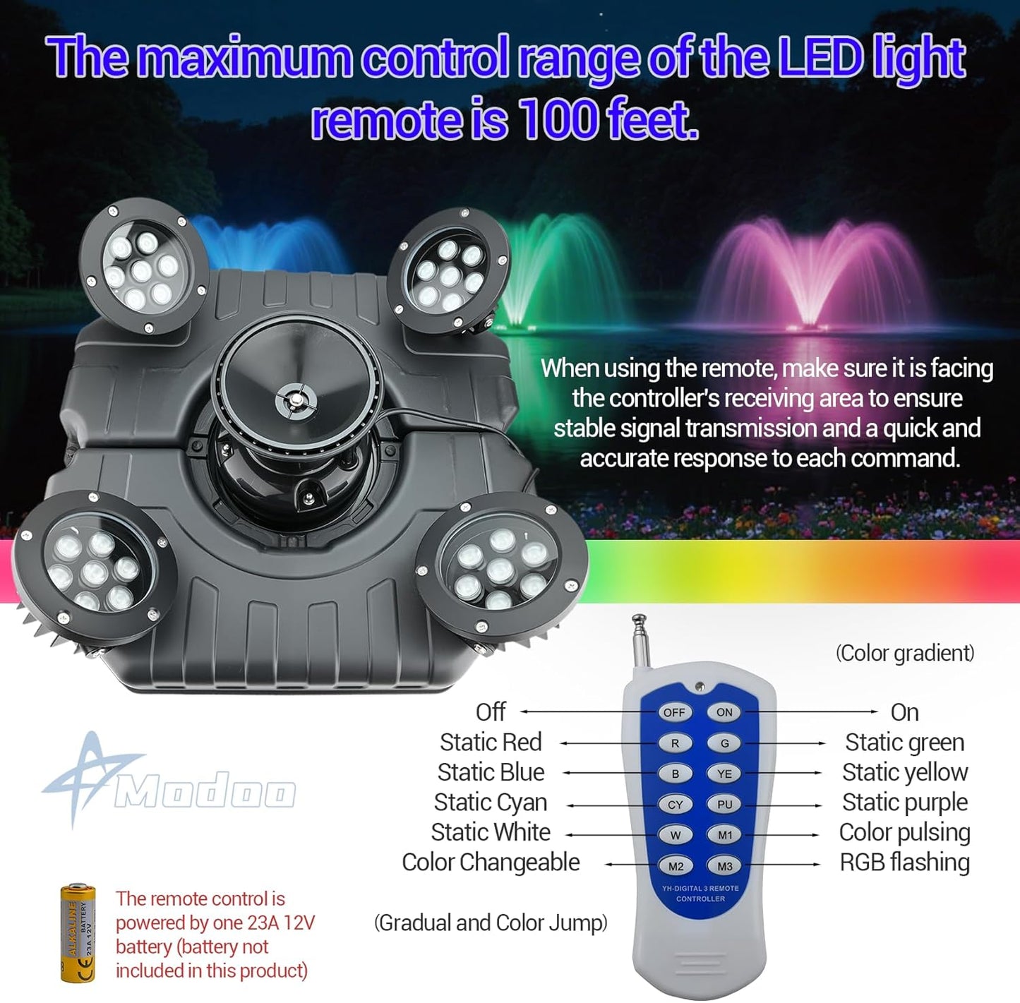 Pond Fountain Aerator with Light RGB LED, 1HP 750W Floating Fountain System for Outdoor Pond Lake, 110V 15000 GPH Fully Automatic Stainless Steel Fountain Pump with 4 LED Lights 100 Feet Power Cord