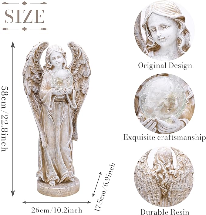 TERESA'S COLLECTIONS Large Angel Garden Statues with Solar Outdoor Light for Outdoor Decor, Fairy Figurine Resin with Wing & Glass Ball for Garden Decor, Yard Decor Lawn Ornament Gifts for Mom, 22.8"