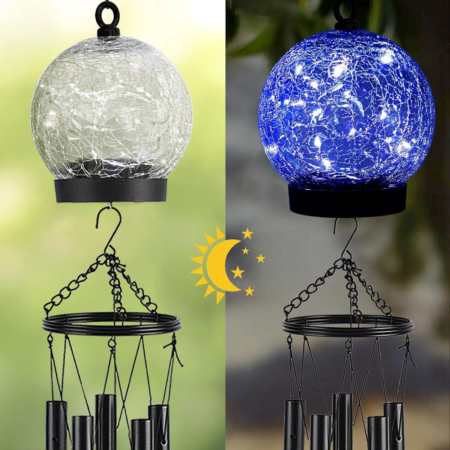 Wind Chimes Outdoor Solar Lights, 42 Inch Large Sympathy Chime 15 Blue LEDs Crackled Glass Ball Birthday Gifts for Women Decorative Hanging in Garden, Yard, Patio, Landscape