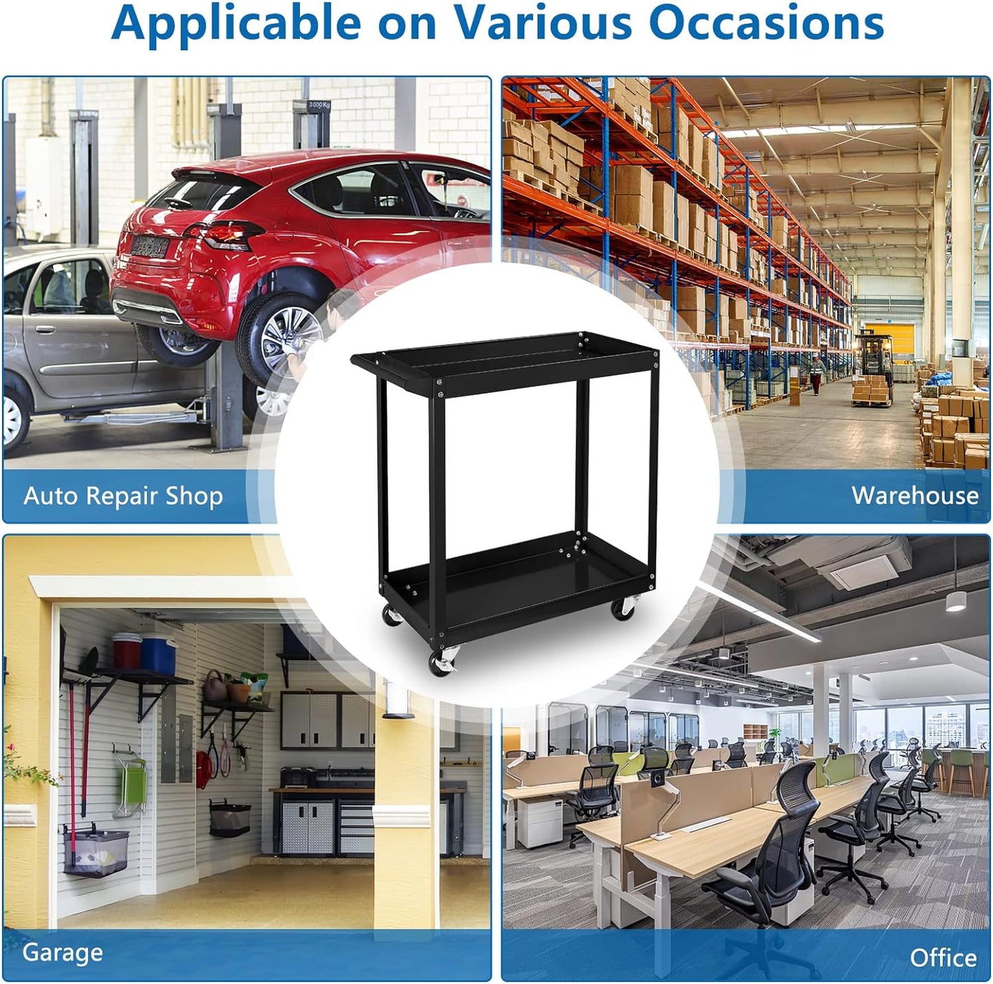 TUFFIOM 2 Tier Rolling Tool Cart on Wheels w/2 Brake, 220 LBS Capacity Heavy Duty Commercial Utility Tool Service Cart, Tool Organizer for Mechanic,Garage,Workshop,Warehouse & Repair Shop