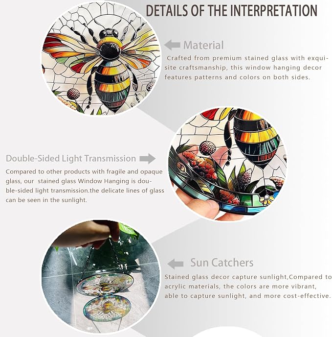 RIVEENY Bumblebee Stained Glass Window Hangings,8''Bee Suncatcher Stained Glass Window Panel Gift for Christmas Anniversary Birthday Mother's Day