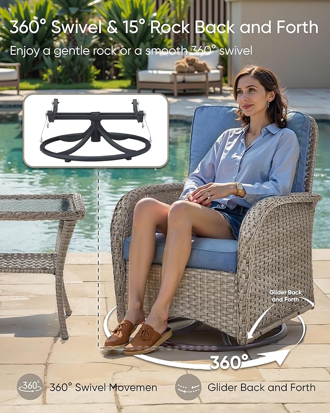 Outdoor Furniture-8 Piece Wicker Patio Furniture Set with Patio Swivel Chair Wicker Rattan Couch with Outdoor Rocking Chair Patio Conversation Set for Deck Lawn Porch Balcony Poolside-Grey/Blue