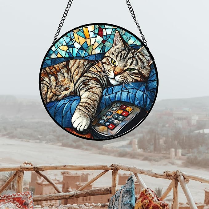 Stained Glass Window Hanging Gray Cat and Remote Control Large 15" - Suncatcher Door Garden Kitchen Sun Catcher Home Decor Birthday for Lost Pets Mom Men Woman Friend Grandma