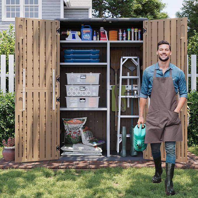 Aoxun Outdoor Storage Shed with Floor, 64 Cu.Ft Large Outdoor Storage Cabinet, Waterproof Vertical Resin Shed for Garden Tools, Pool Equipment, Brown