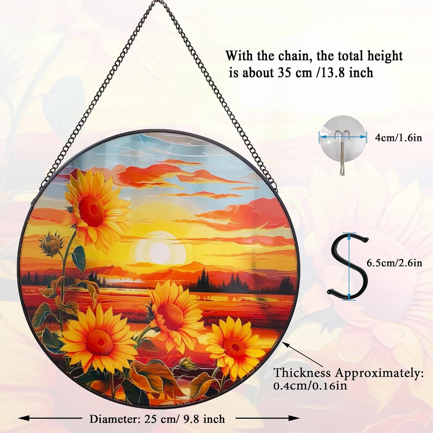 Sunflower Suncatcher Hanging Stained Glass Window Decor, Sunset Sun Catcher Wall Decor for Flower Lovers, Birthday Christmas Thanksgiving Sunflower Gift (25cm/9.8'')
