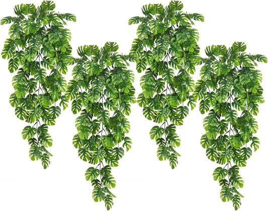 RECUTMS Artificial Hanging Plants 4Pcs, Fake Monstera Leaves Ivy Vine Faux Greenery UV Resistant Tropical Palm Leaf Swag Plant for Garden Home Jungle Hawaiian Luau Party Outdoor Indoor Spring Décor
