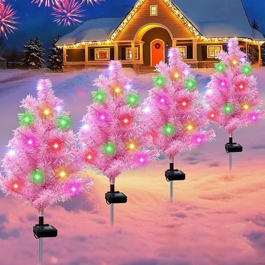 Solar Christmas Tree Outdoor Decor, Waterproof Solar Xmas Decorations Garden Stake Lights, Multi-Color LED Christmas Décor for Outside Landscape Pathway Porch Yard Holiday (4 Pcs Pink)