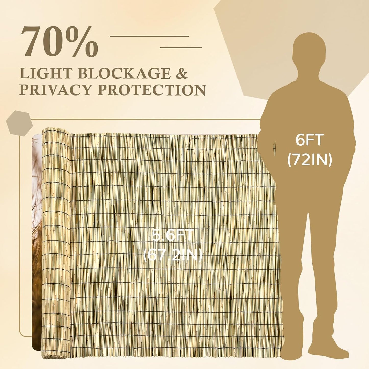 Natural 5.6FT X 16.4FT Reed Fencing Roll, Balcony Privacy Reed Shade Bamboo Fencing Garden Fence Border, Wind Block Sunshade Fence Screen for Outdoor Yard Patio Flower Bed Edge