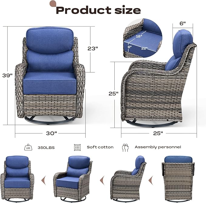 Rilyson Outdoor Patio Swivel Rocker Chairs Set of 2, Waterproof Wicker, High Back, Deep Seating, Wide Armrest, Upgraded 6 inch Thick Cushions, Side Table, Ideal for Deck Porch Yard, Mixed Grey-Blue