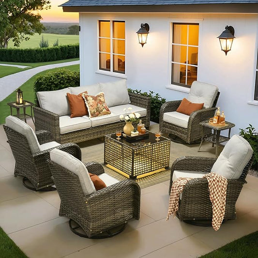 ovios 8 Pieces Patio Furniture Set, Outdoor Wicker Sofa Couch with Rocking Swivel Chairs Solar Lights Table, Modern Deep Seat Rattan Conversation Sets for Porch Deck, Grey