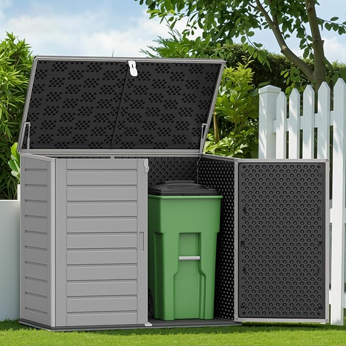 Outdoor Trash Can Storage Shed 4.6 x 4.1 FT, 304 Gallon Resin Shed with Lockable Doors & Lift Lid, Waterproof Outdoor Storage for Garden Tools, Cushions and Patio Equipment (Gary)