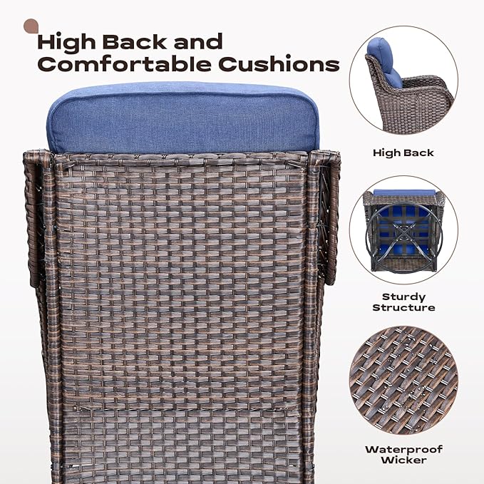 Rilyson 6 Piece Outdoor Patio Swivel Rocker Chairs, Waterproof Wicker, High Back, Deep Seating, Wide Armrest, Upgraded 6 inch Thick Cushions, Side Table, Ideal for Deck Porch Yard, Brown/Blue