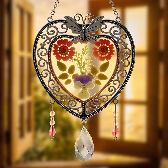 KY&BOSAM Heart Suncatcher Crystal Tree of Life Stained Glass Panles Real Flower Hangings for Windows Home Garden Outside Wind Chime Decor Birthday Gifts for Women Mother`s Day Christmas Ornament