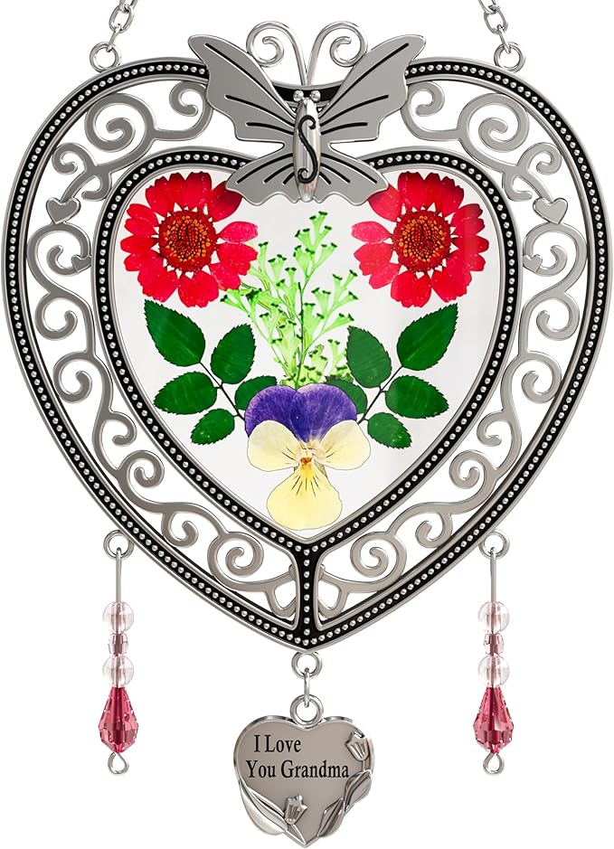 KY&BOSAM Tree of Life Heart Suncatcher I Love You Grandma Butterfly Hangings for Windows Suncatcher with Pressed Real Flower Heart and Charm Birthday Gifts for Women Mothers Day Christmas Ornament