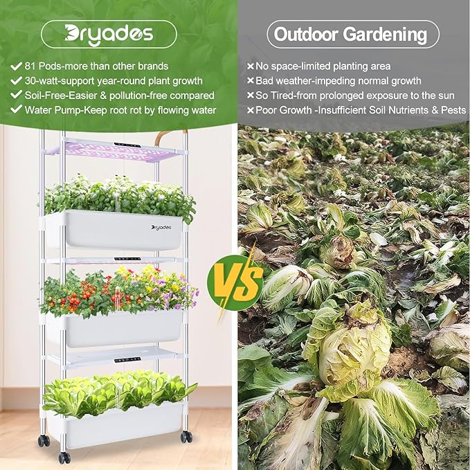 Indoor Garden Hydroponic Growing System with 81 Pods Herbs Garden Kit with 30W Led Grow Light Large Movable 3-Layer Floor-Standing hydroponic Gardening System Planter Grower for Vegetable Fruit