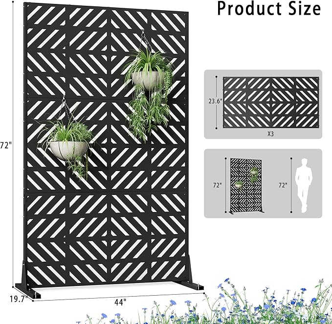 Metal Privacy Screen for Outdoor Freestanding Privacy Screens, 72" H x 44" W Decorative Privacy Wall Panels with Stand, Patio Balcony Screens for Outside Outdoor Divider Deck Porch Garden and Indoor