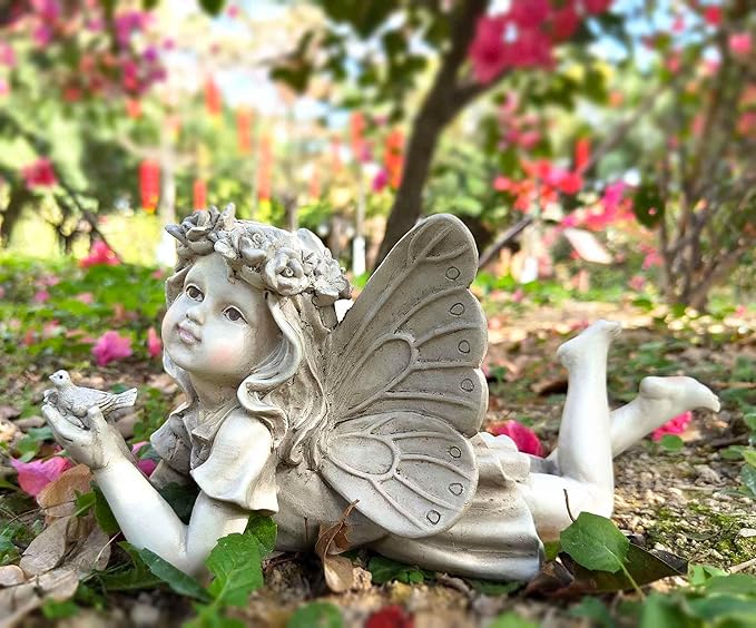 MeritMode Fairy Flower Garden Outdoor Statue - Angel Holding Bird and Butterfly, 11" Width, Cherub Decor and Grandma Gifts, Patio and Yard