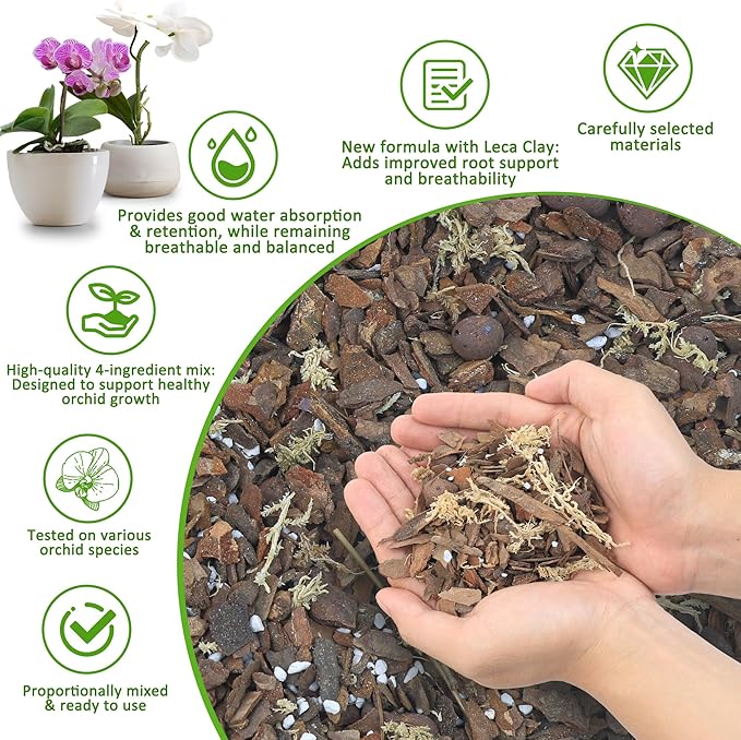 Orchid Potting Mix - 9QT Fast-Draining Soil with Pine Bark, Perlite, Moss & Leca Clay, Breathable Mix for Healthy Roots,Ideal for Repotting & Indoor Orchid Plants