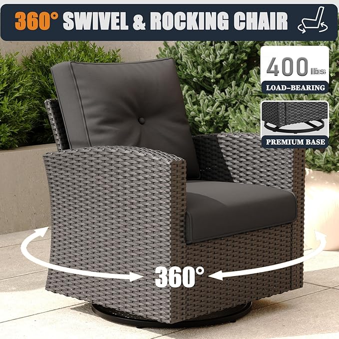 Patio Furniture Set with Fire Pit Table, 11 Pieces Outdoor All-Weather Wicker Conversation Sectional Chair Sofa Set with 2 Swivel Chairs