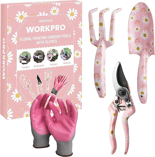 WORKPRO Aluminum Garden Tool Set, 4PCS Heavy Duty Gardening Tools with Box Include Trowel, Rake, Pruner, Gloves, Pink, Garden Gifts-Pink Ribbon