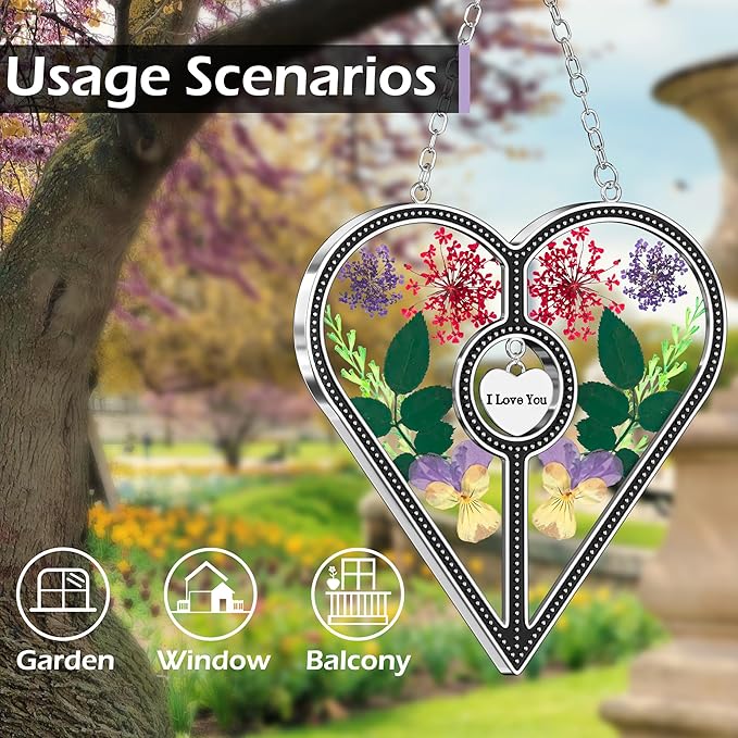 KY&BOSAM Heart Suncatcher I Love You Glass Panels for Window Hangings Wind Chime with Pressed Flower Heart Embedded in Glass Mom Gifts Birthday Gifts for Women Mother`s Day Valentine`s Christmas Decor