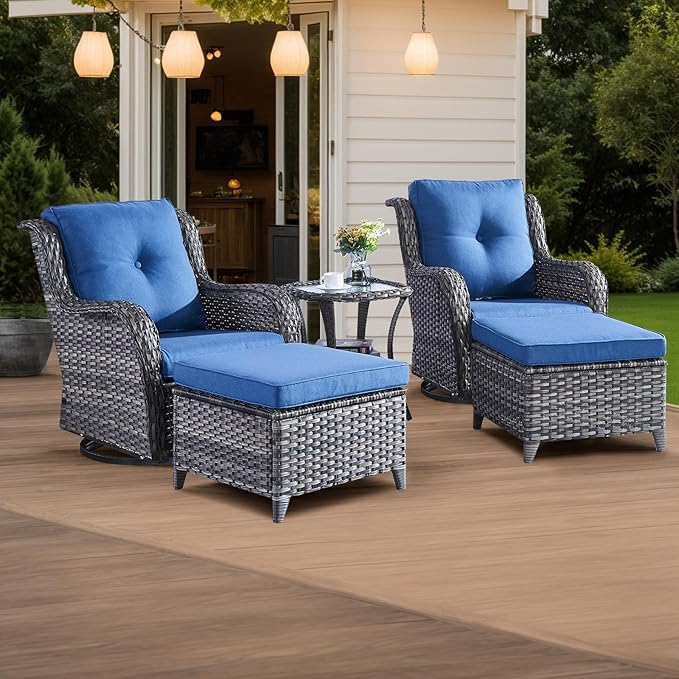 HUMMUH 5 Piece Outdoor Patio Furniture Set Wicker Conversation Bistro Set Swivel Rocking Chairs with Side Table and Ottomans for Backyard, Porch, Balcony