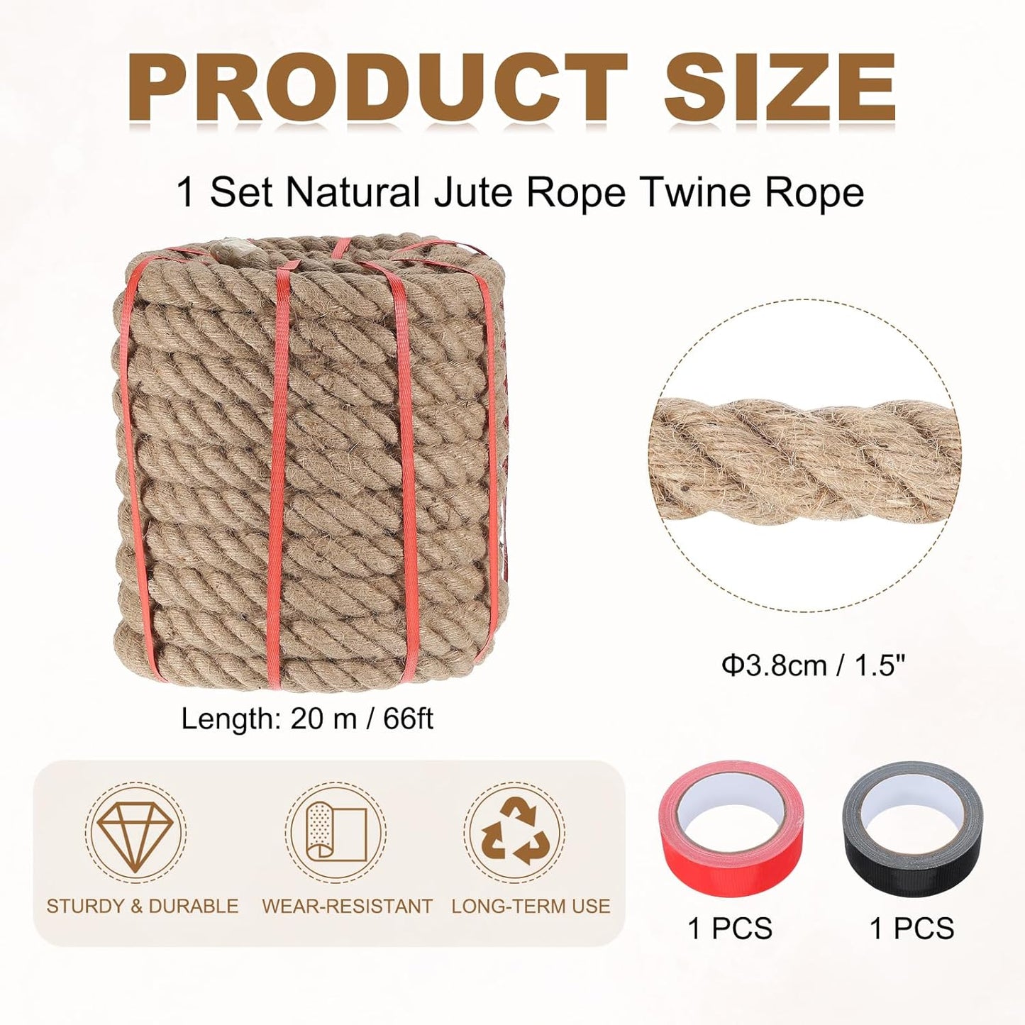 MECCANIXITY Jute Rope 1.5 Inch x 66ft, Thick Twine Rope Ropes Braided Jute Twine Natural Brown Burlap Cord String Heavy Twisted with Tapes for Decorative Crafts Railing Swing Tug of War