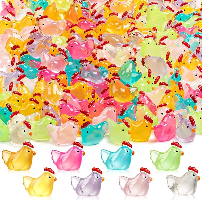128PCS Luminous Mini Resin Chickens Miniature Animals, Tiny Chickens Miniature Figurines Glow in The Dark for Micro Garden, Potted Plant, DIY, Home Outdoor Party Decor (8 Colors)