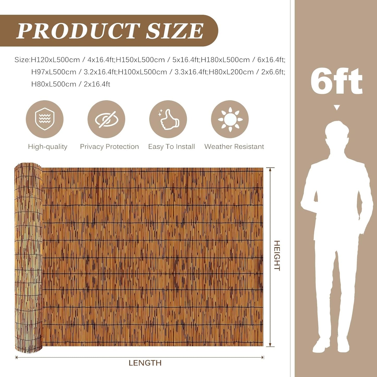 Natural Reed Fencing Rolls: Privacy Bamboo Fence 3/4/5/6ft High Roll Reed Screen, Decorative Bamboo Fencing for Outdoor Balcony Patio Garden Backyard,with Cable Zip Ties(Coffee, 4x10ft)