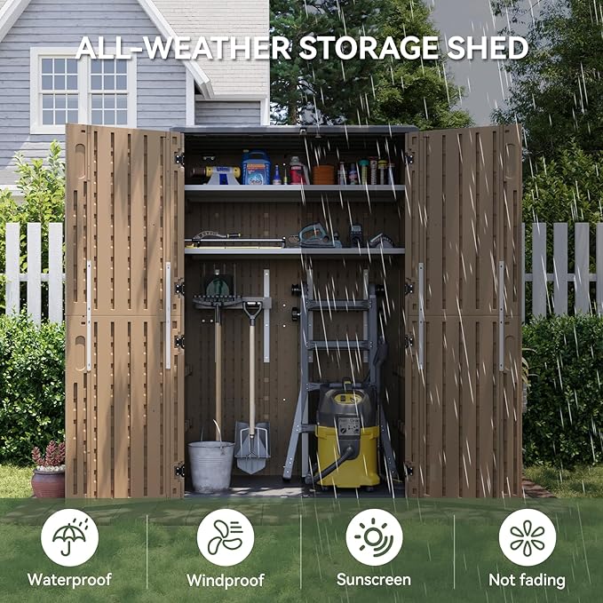 Aoxun Outdoor Storage Shed with Floor, 64 Cu.Ft Large Outdoor Storage Cabinet, Waterproof Vertical Resin Shed for Garden Tools, Pool Equipment, Brown