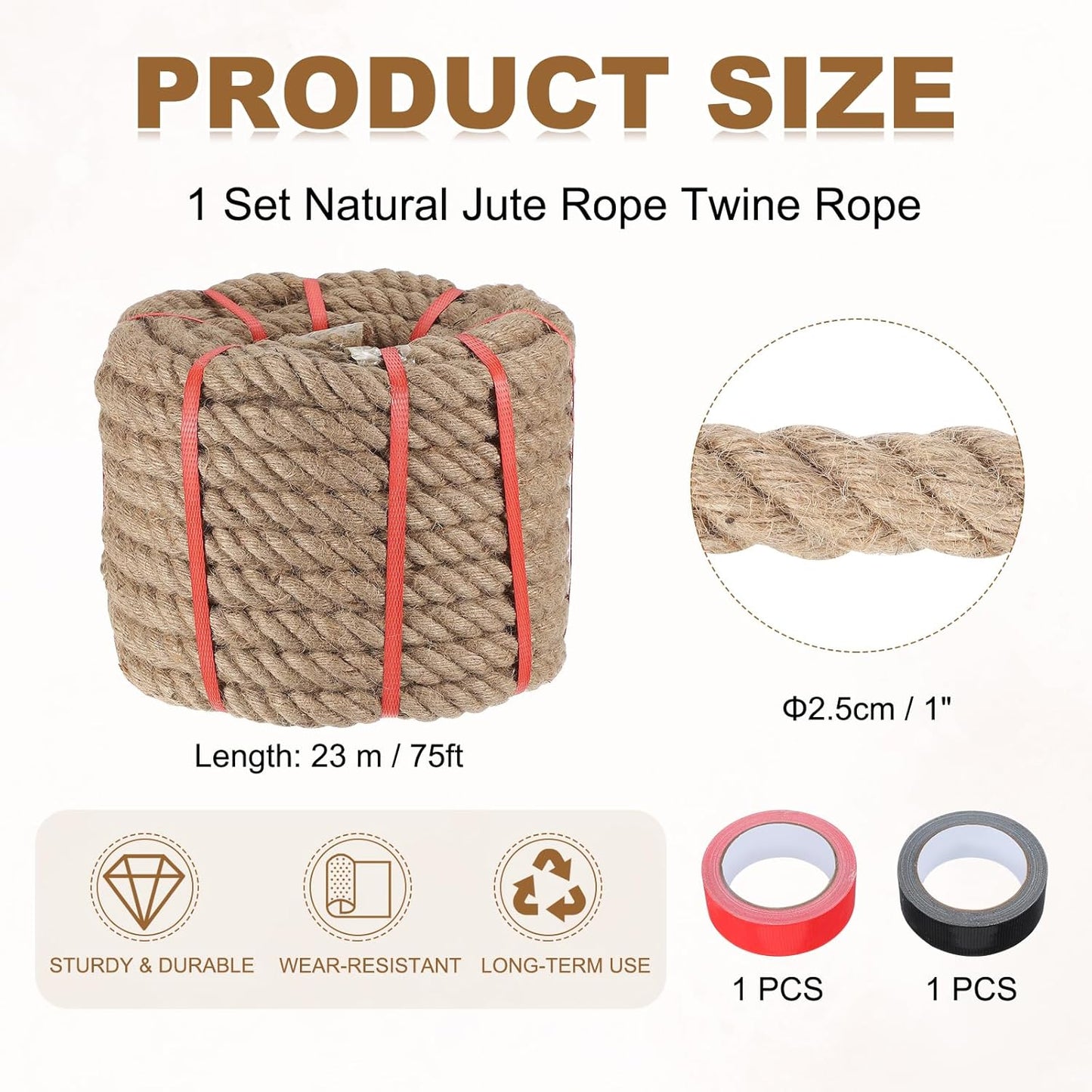 MECCANIXITY Jute Rope 1 Inch x 75ft, Thick Twine Rope Ropes Braided Jute Twine Natural Brown Burlap Cord String Heavy Twisted with Tapes for Decorative Crafts Railing Swing Tug of War