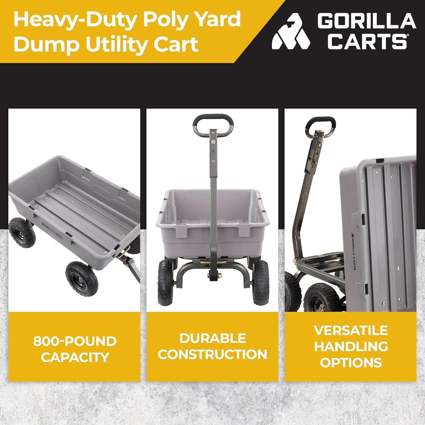 Gorilla Carts Heavy-Duty Poly Dump Cart, 5 Cu Ft Tub, 800 lb Haul Capacity, Gray – Towable Utility Wagon with Quick-Release Dumping & Pneumatic Tires for Yard, Landscaping and Gardening