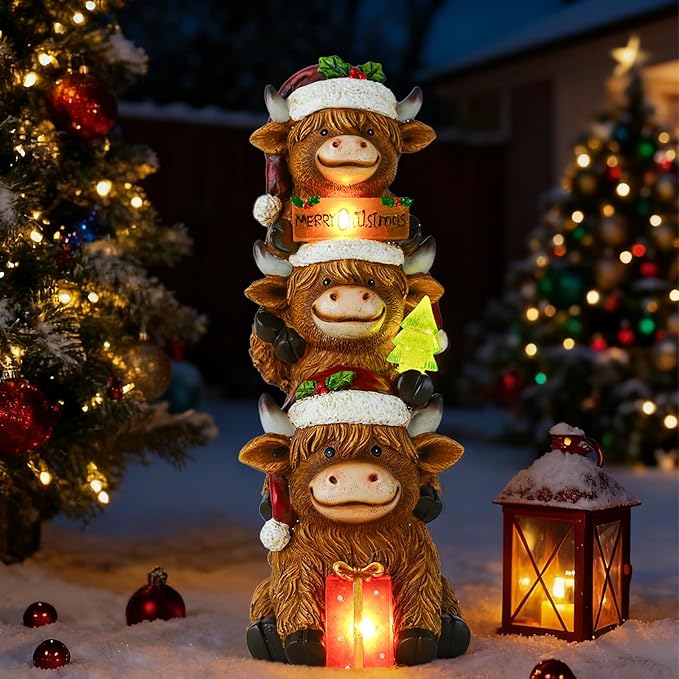 Christmas Highland Cow Decor with Solar Light Triple Highland Cow Christmas Decorations Gifts for Women Mom Funny Highland Cows Garden Statues for Garden Patio Lawn Yard Decor