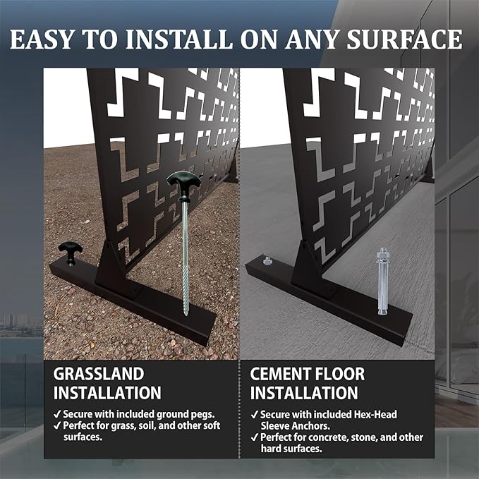 6FT Outdoor Metal Privacy Screen – Decorative Privacy Fence and Room/Garden Divider, Weather-Resistant Freestanding Panel with Stand, Durable Steel for Patio, Garden, Balcony, or Backyard