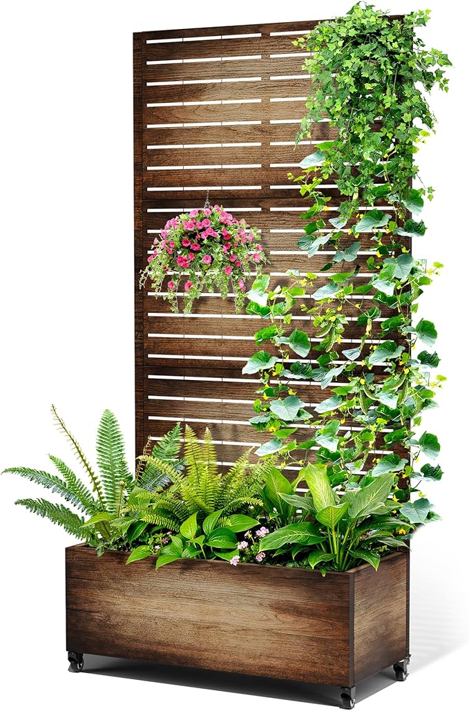 Metal Raised Garden Bed with Trellis, 2-in-1 Planter Box & Privacy Screen for Climbing Plants, Outdoor Standing Flower Bed with Drainage Holes, 35.4" L x 15.7" W x 70.1" H, Vintage Wood Grain