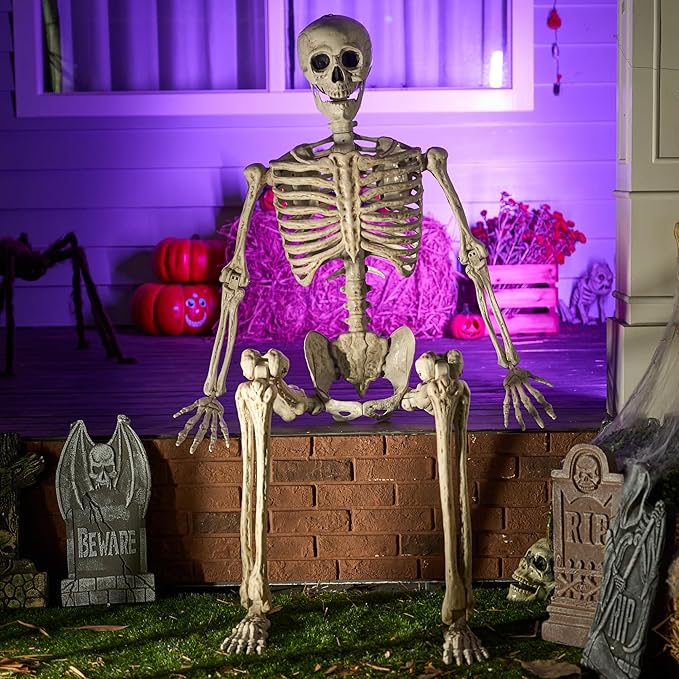 JOYIN 6.9 FT Halloween Skeleton Posable Plastic Full Body Realistic Human Bones with Movable Joints for Indoor Outdoor Halloween Props Spooky Scene Party Decorations（White, No Screwdriver）