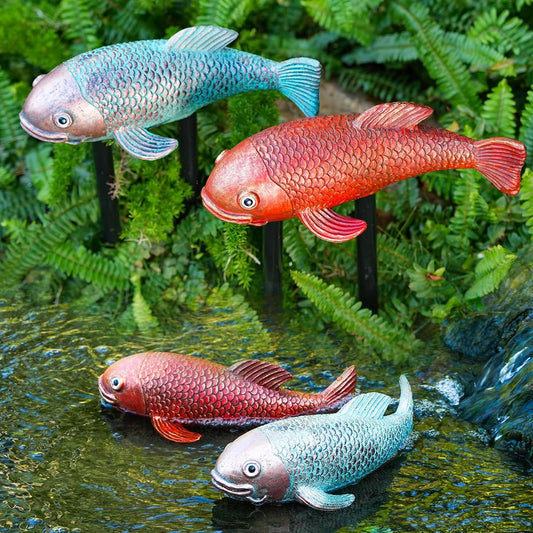 Koi Fish Decor, Set of 2 Antique Koi Garden Statues Art, Pond Accessories, Yard Pond Decor, Large Outdoor Garden Statues Ornaments, Real Fish Sculpture Art (10.8")