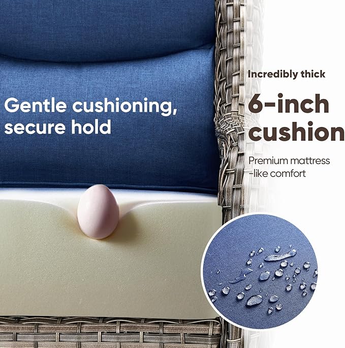 Swivel Patio Chairs sofa Set of 5 with 6" Thick Cushion - Wicker Outdoor Swivel Rocker Patio Chair ,Sofa/Glass coffee table, High Back Comfortable Outdoor Glider Chairs - Grey Wicker | Blue Cushions
