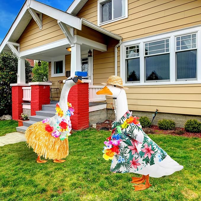 2 Set Hawaiian Luau Porch Goose Outfit for Lawn 23'' Plastic Goose Clothes Costume Summer Outdoor Decor(Hula Skirt)