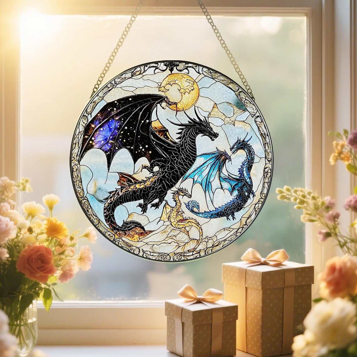 Dragon Stained Glass Window Hanging, 8 Inch Sun Catchers Indoor Window, Suncatchers for Windows Hanging, Home Decor and Christmas, Holiday, Mother's Day, Father's Day, Birthday Gifts for Women, Men