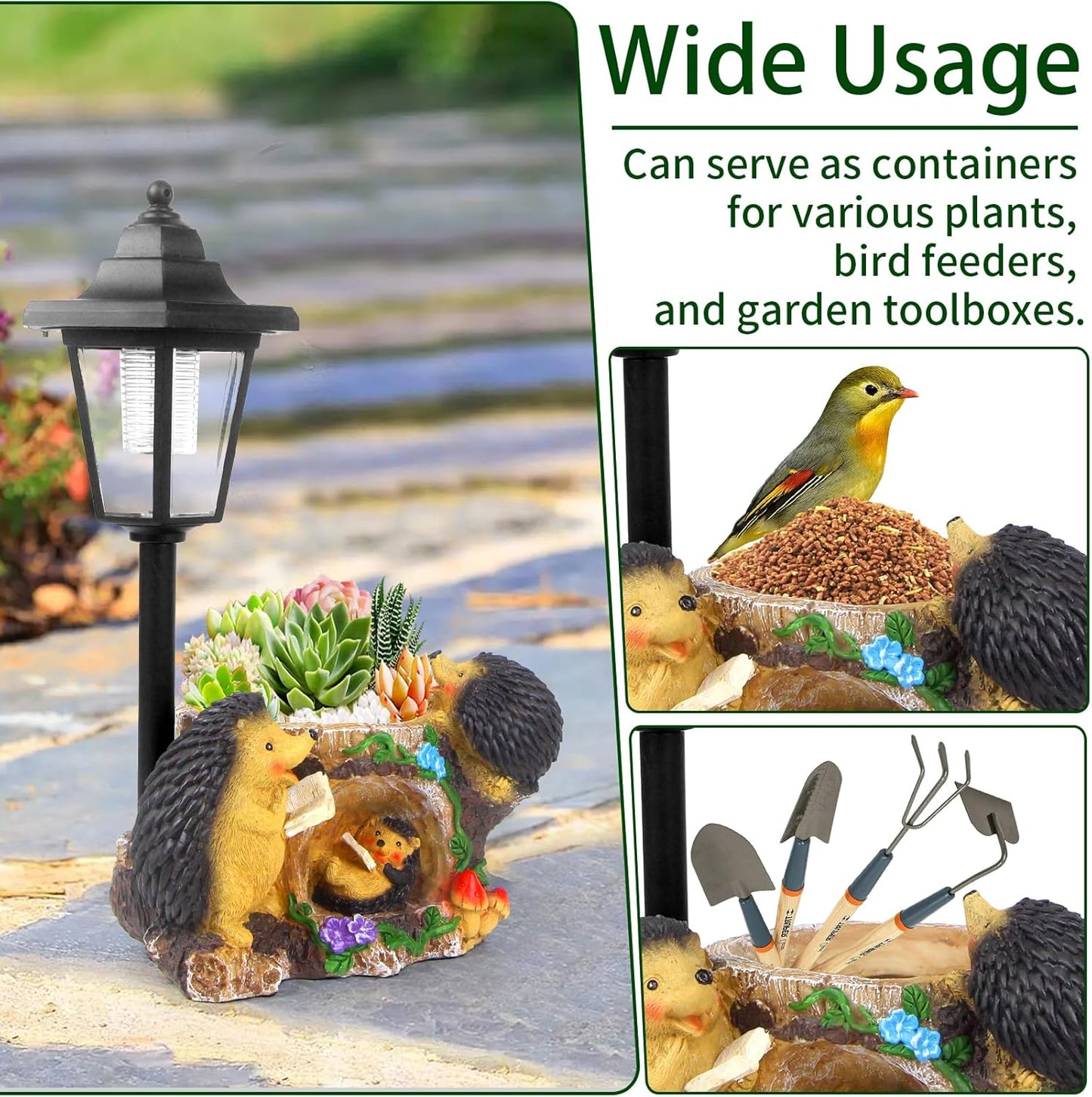 Solar Garden Statue Hedgehog Figurine,Flower Pots Planters Pots for Succulent,Garden Sculpture for Patio Balcony Yard Lawn Decor,Unique Gift for Dad Mom Grandma