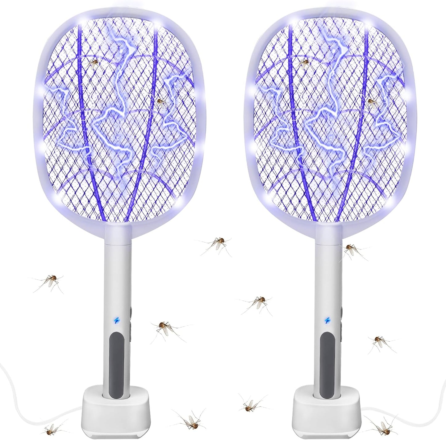 Electric Fly Swatter Rackets, 2-in-1 Handhold Bug Zapper with 3000V High Voltage, Plug-in Mosquito Killer Insect Light Trap with 3 Layer Safety Mesh Portable for Indoor Outdoor Use (2)