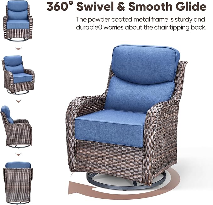 Swivel Patio Chairs sofa Set of 4 with 6" Thick Cushion - Wicker Outdoor Swivel Rocker Patio Chair ,Sofa/Glass coffee table, High Back Comfortable Outdoor Glider Chairs - Brown Wicker | Blue Cushions