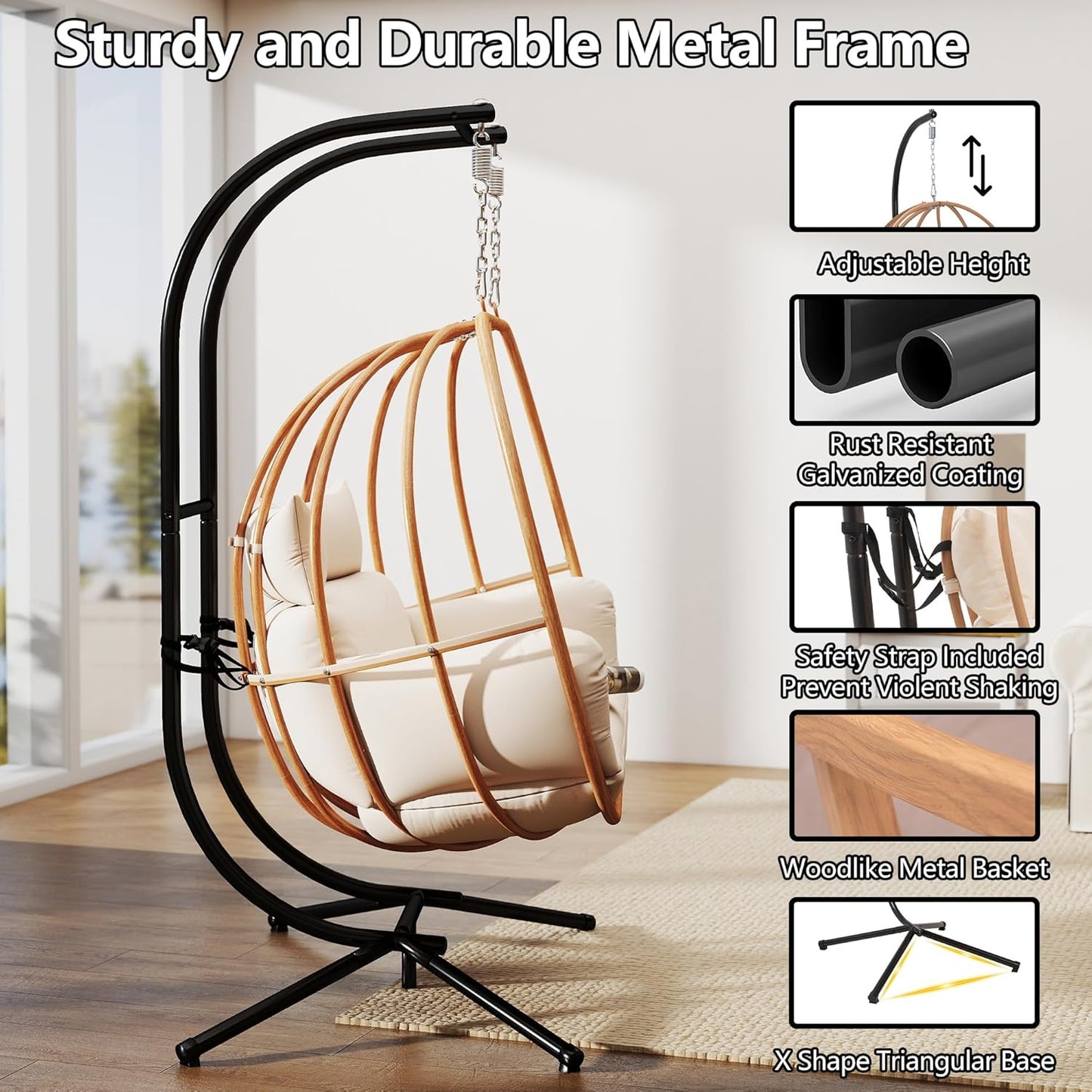 Hanging Chairs with Stand, All Weather Double Egg Chair Outdoor, Metal Hanging Egg Chairs Outdoor, 2 Person Oversized Swing Egg Chair, Modern Balcony Basket Loveseat for Indoor/Deck, Beige