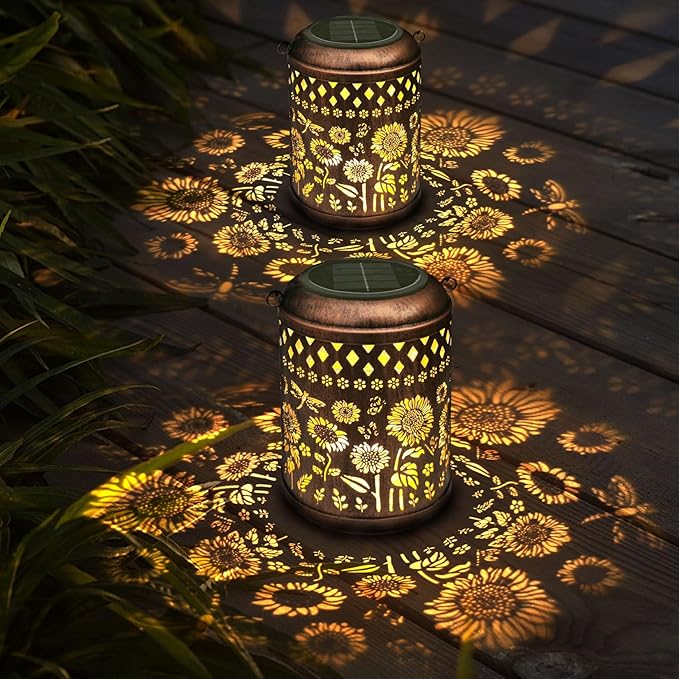 Solar Lanterns Sunflower Dragonfly Butterfly Lights Outdoor Decor Hanging Lantern Waterproof Metal LED Garden Decor Decorative,Yard,Patio,Lawn,Christmas Gifts 1 Pack Bronze