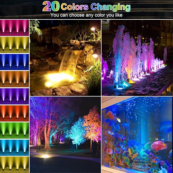 RGB Underwater Pond Lights, 20 Colors Dimmable Fountain Lights with Timer, IP68 Waterproof Underwater Submersible Led Lights with Remote Control for Outdoor Ponds Aquarium Garden Pool (Set of 4)