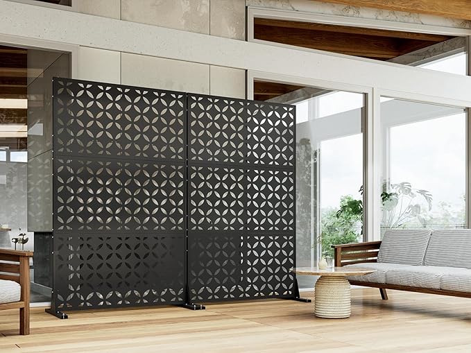 Metal Privacy Screen for Outdoor Freestanding Privacy Screens, 72" H x 44" W Decorative Privacy Wall Panels with Stand, Patio Balcony Screens for Outside Outdoor Divider Deck Porch Garden and Indoor